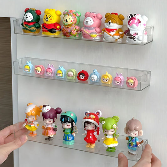 Wall Mounted Glasses & Storage Rack — No Punch Floating Shelf Organizer with Transparent PET Display Stand