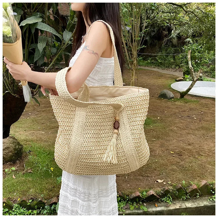 Elegant Straw Woven Handbag – Women’s Retro Beach & Casual Tote Top-Handle Shoulder Bag 2024