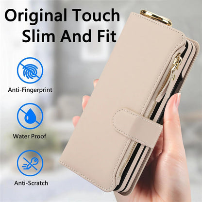 Crossbody Leather Wallet Case with Card Slots, Zipper & Kickstand for Samsung Galaxy Z Fold 3/4/5/6 – Wristband & Ring Holder