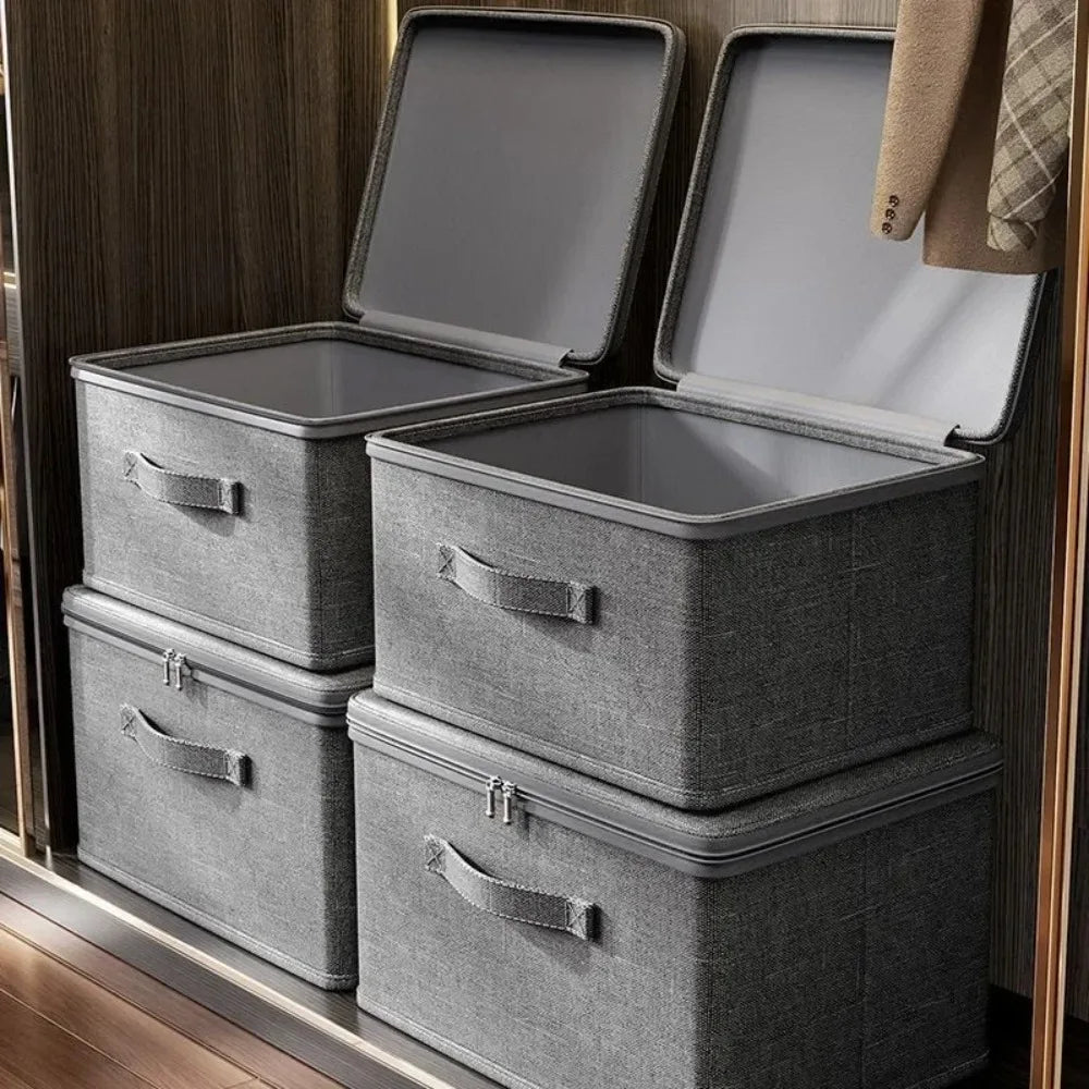 Foldable Linen-Look Storage Box - Large Zipper Wardrobe Organizer Bin for Clothes, Sweaters & Household Items