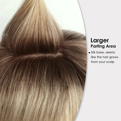 Brown Blonde Ombre Human Hair Toppers for Women – 10/12/14 Inches with Silk Base, Clips, and Bangs