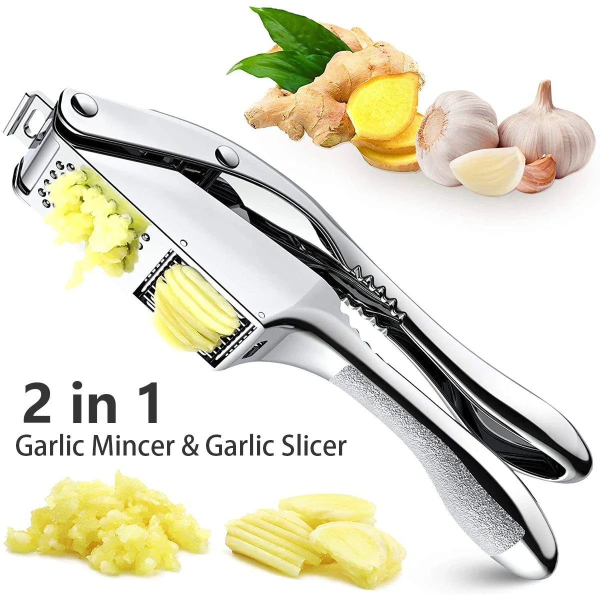 Stainless Steel 2-in-1 Garlic Press and Slicer – Handheld Garlic Crusher Mincer Kitchen Tool