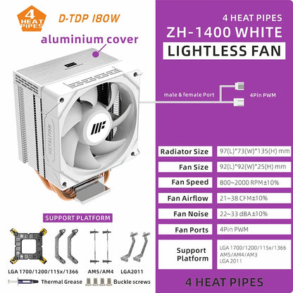 METALFISH ZH1400 ARGB CPU Cooler – 4 Heat Pipes PWM Silent Fan for Intel LGA1700/1200/115X & AMD AM5/AM4 High Performance Cooling