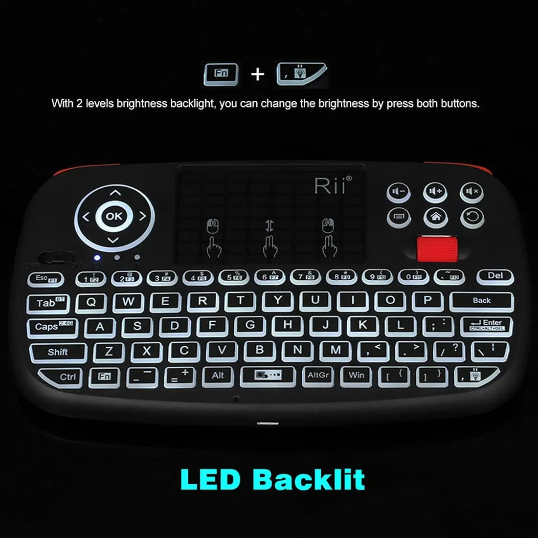 Rii i4 Mini BT Wireless Keyboard with Touchpad - 2.4GHz Backlit Mouse Remote for Windows, Android TV Box, and Smart TV