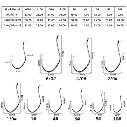 10pcs Catfish Fishing Hooks – High Carbon Steel Barbed Circle Hooks 6/0–10 V-Sharp Tackle