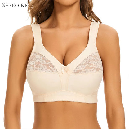 Sheroine Plus Size Wire-Free Bra - Soft Cotton Lace Floral Full Coverage Unpadded Everyday Support