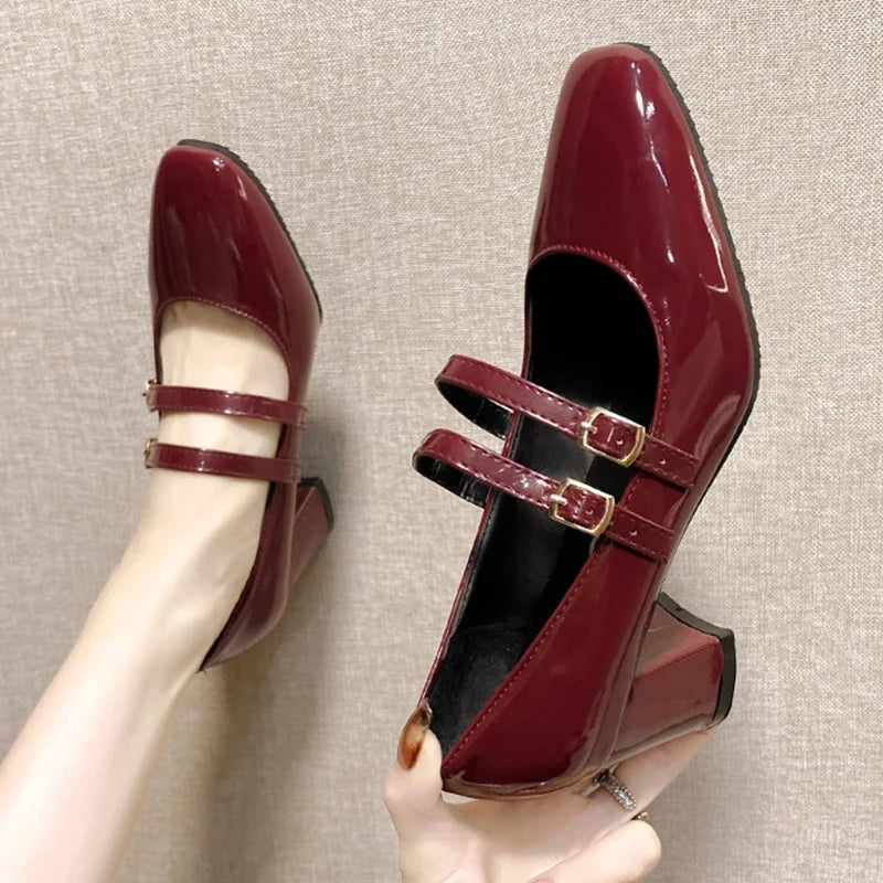 Elegant Women’s Mary Jane Chunky Heels – Square Toe Patent Leather Pumps with Double Ankle Strap