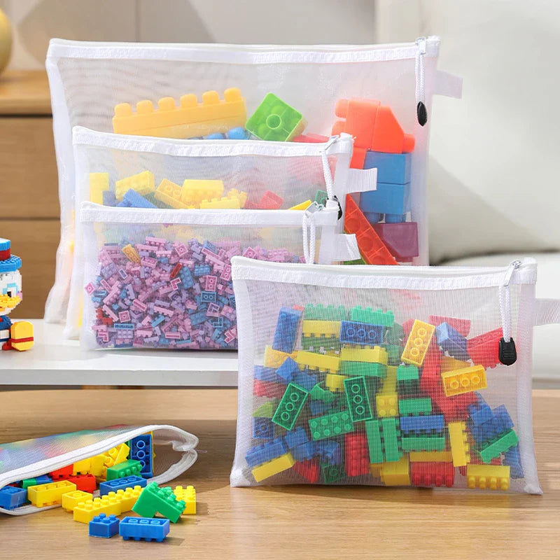 Children’s Puzzle & Building Block Storage Bag – Transparent Mesh Zipper Organizer for Toys, Cosmetics & Household Items