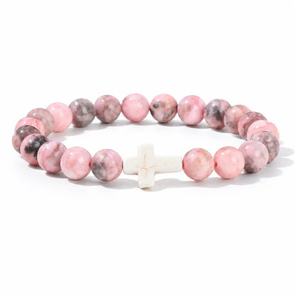 Natural Stone & Wood Bead Rosary Bracelet - Hematite Cross Meditation & Yoga Jewelry for Men & Women