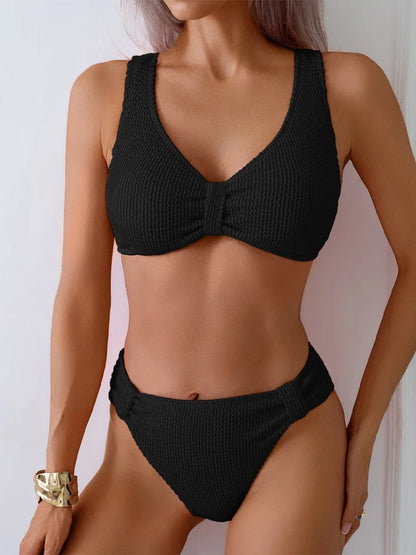 2025 Summer Women's Two-Piece Swimsuit – Solid High Waist V-Neck Backless Bikini Set Beachwear
