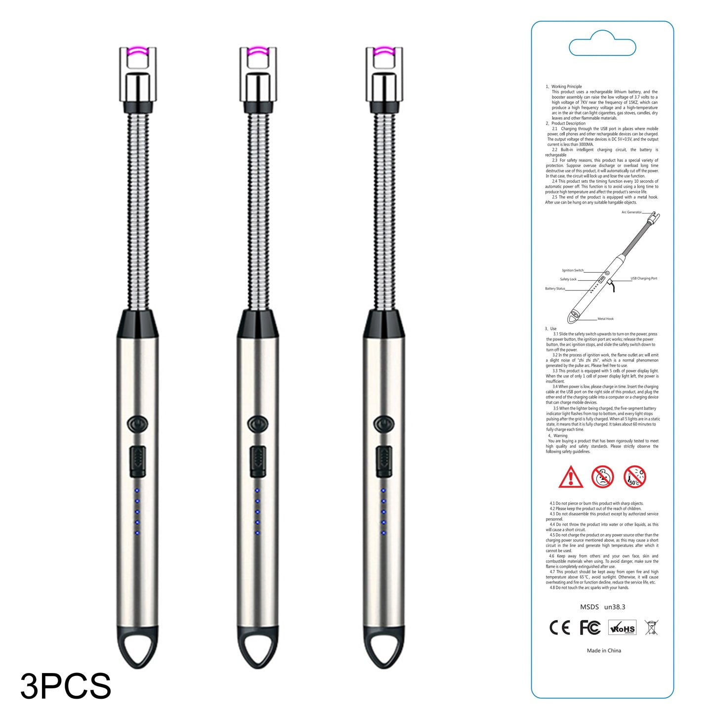 3PCS Rechargeable Electric Plasma Arc Lighters — Type-C Windproof Lighter for Kitchen, Candle, and BBQ Grill