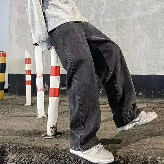 Men’s Loose Straight Leg Jeans - 2026 Streetwear Wide-Leg Fashion Pants in Black & Light Blue