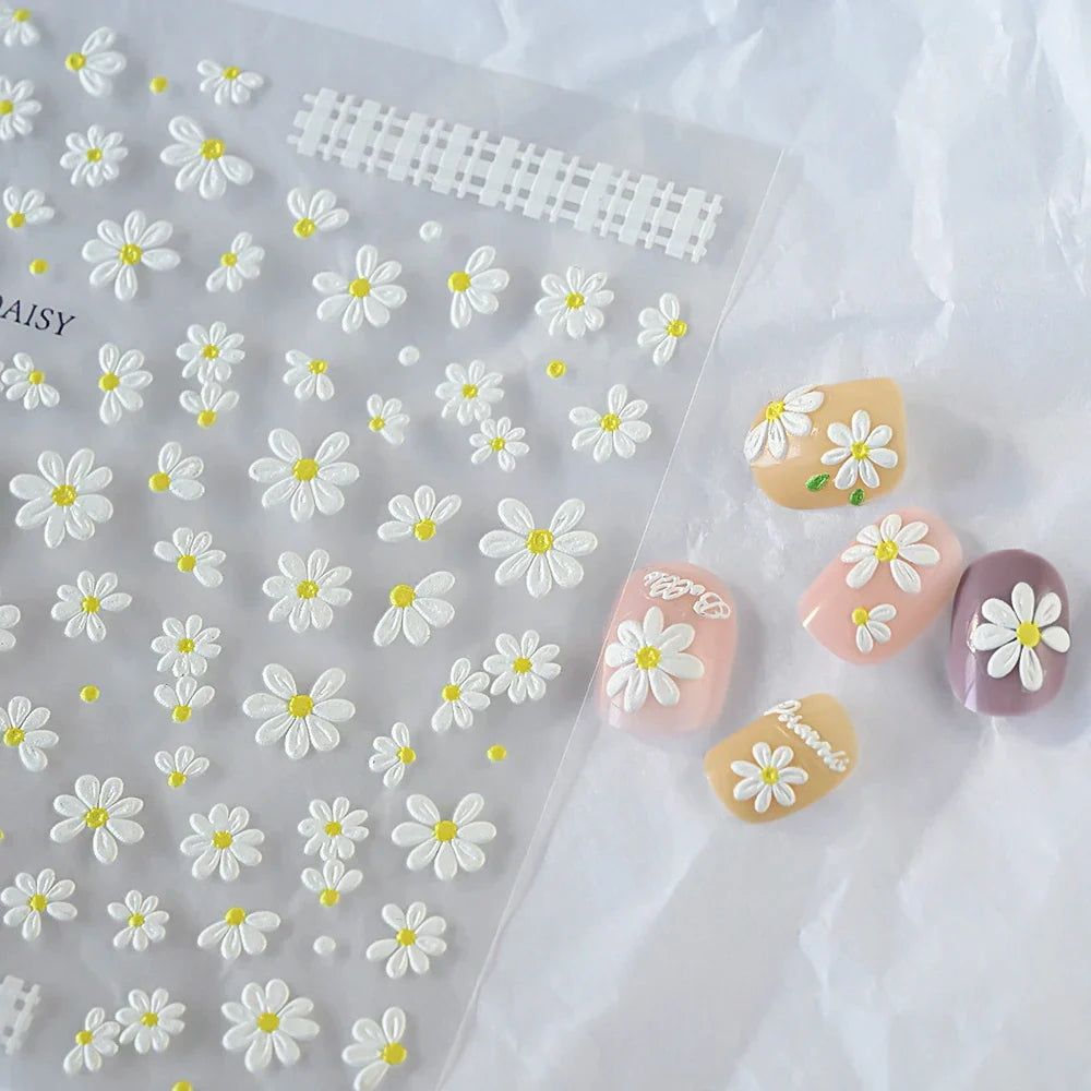 5D Daisy Nail Art Stickers - White Flower & Green Leaf Embossed Decals for DIY Spring Summer Nail Decoration