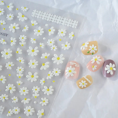 5D Daisy Nail Art Stickers - White Flower & Green Leaf Embossed Decals for DIY Spring Summer Nail Decoration