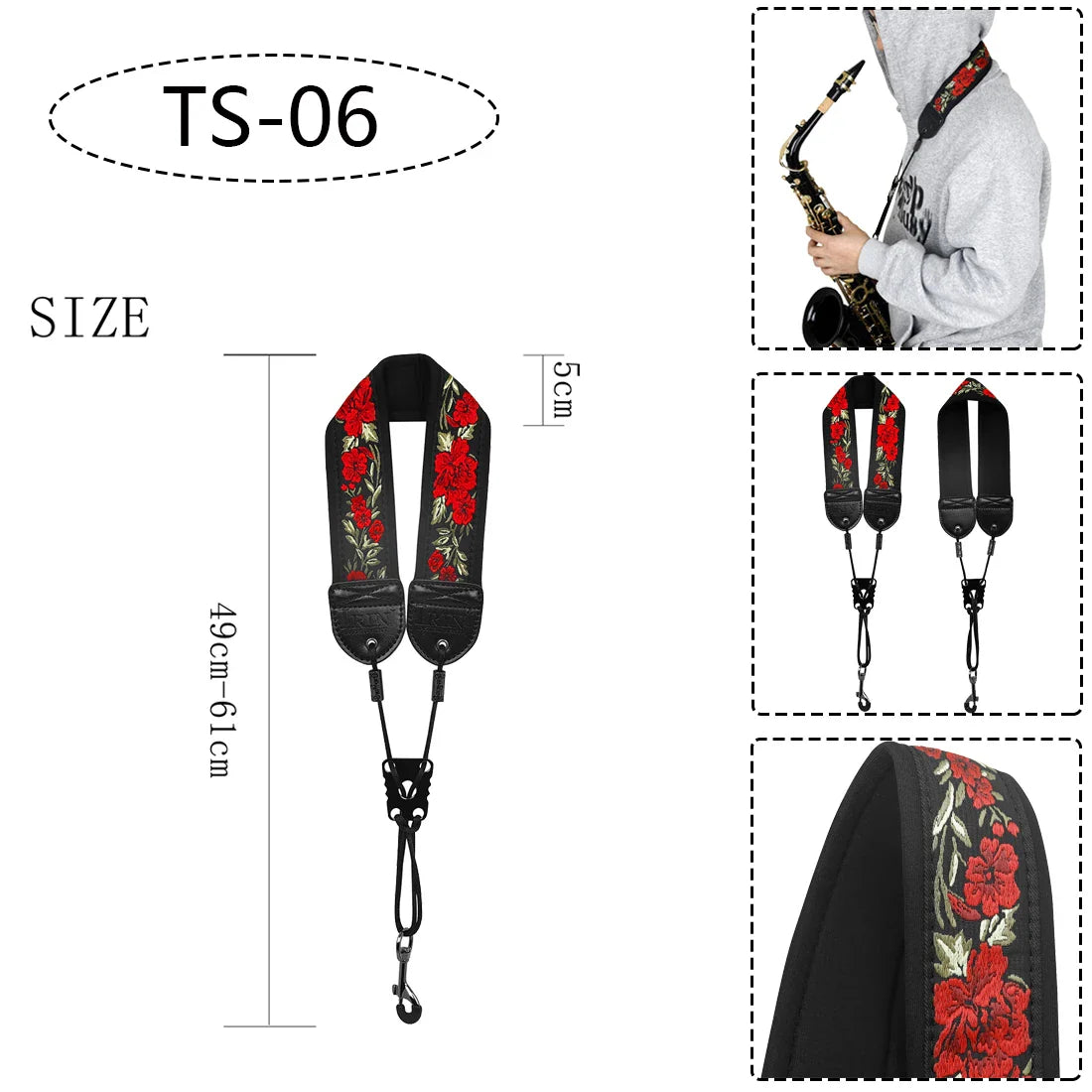 Saxophone Neck Strap - Adjustable Leather Universal Fit for Soprano, Alto, Tenor Sax with Secure Closed Hooks