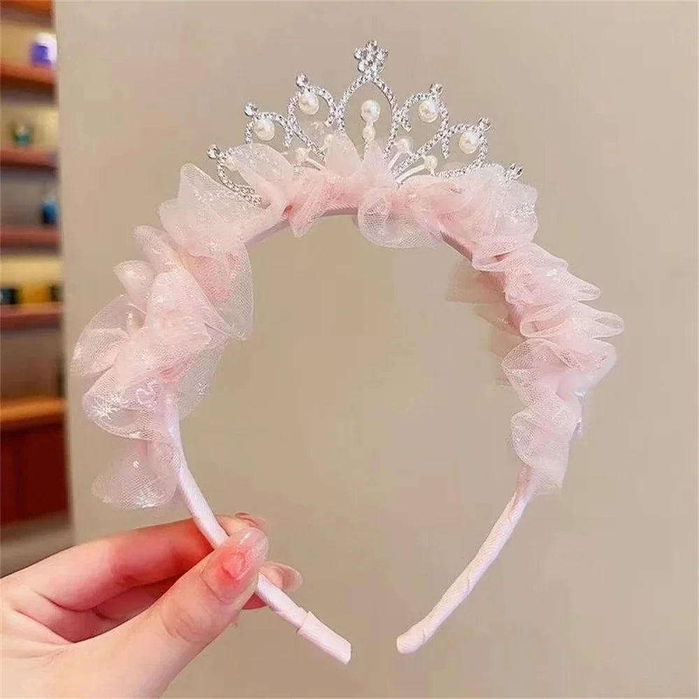 Girls Pearl Crown Headband - Sweet Princess Mesh Hair Hoop for Birthday Parties