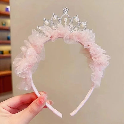 Girls Pearl Crown Headband - Sweet Princess Mesh Hair Hoop for Birthday Parties