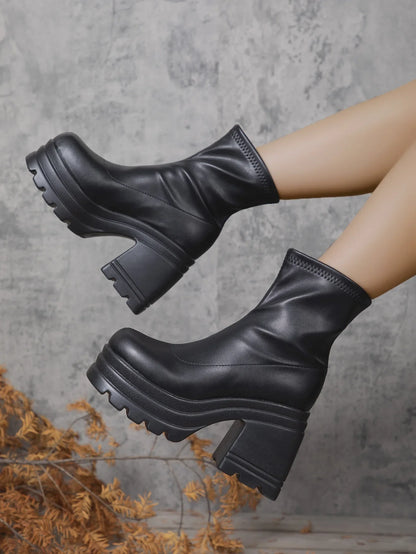 Women’s New Fashion Short Boots – Sexy Leather, Square Toe, Zipper High Heels, Casual Thick-Soled Shoes Zapatos