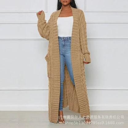 Open Front Cable Knit Longline Cardigan for Women – Long Sleeve, Loose Fit, Casual Fashion Knitwear, Solid Color