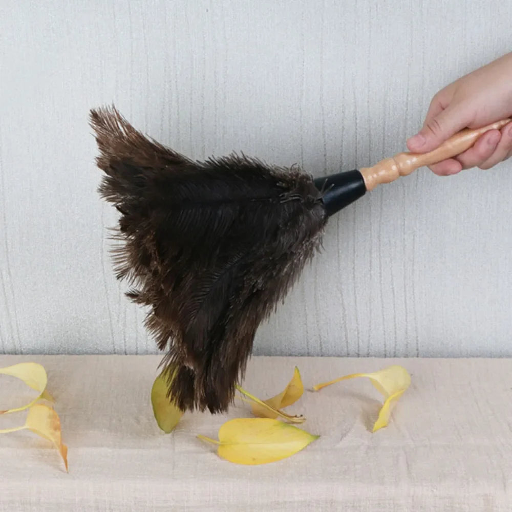 Ostrich Feather Dusting Brush – Wooden Handle Anti-Static Household & Car Cleaning Duster Tool