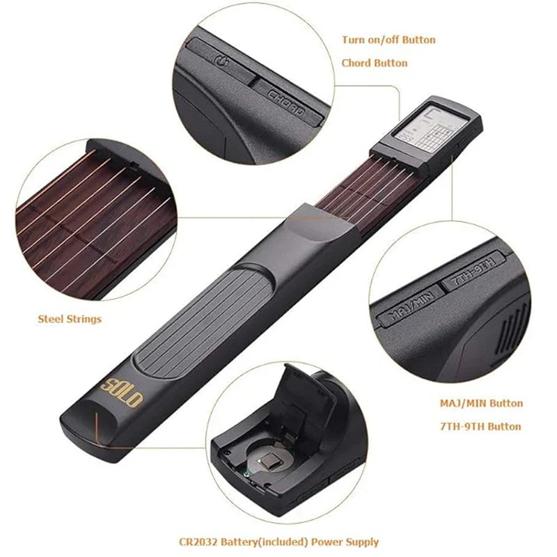 Pocket Guitar Chord Practice Tool - Portable Neck Trainer with Rotatable Chords Chart Screen for Beginners