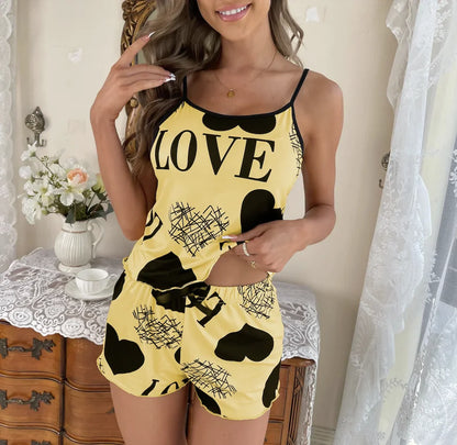 Women’s Heart Print Summer Pajama Set — 2-Piece Cami Top & Shorts Nightwear for Comfortable Sleep