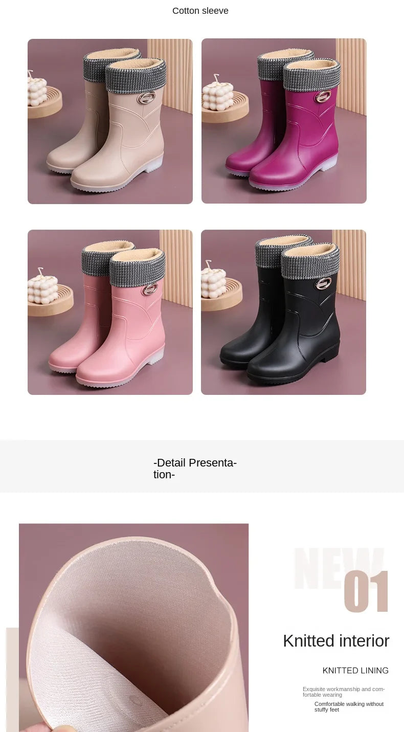 Women’s Fashion Mid-Tube Rain Boots – Wear-Resistant, Waterproof Rubber Shoes with Thick Sole, Non-Slip & Cotton Lining