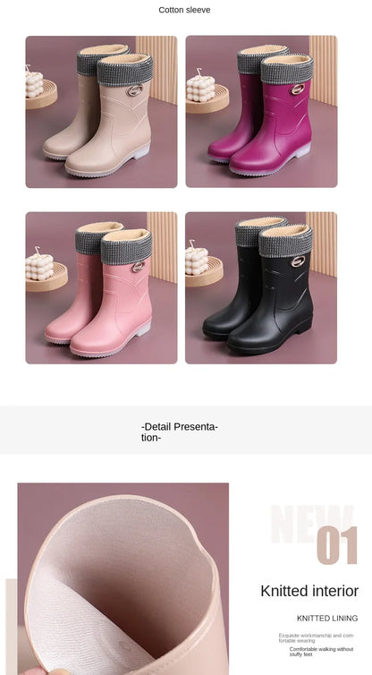 Women’s Fashion Mid-Tube Rain Boots – Wear-Resistant, Waterproof Rubber Shoes with Thick Sole, Non-Slip & Cotton Lining