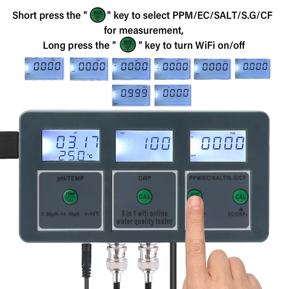Tuya WiFi 8 in 1 Water Quality Tester – S.G, PH, EC, ORP, TDS, CF, Salt, Temp Analyzer for DIY Water Monitoring