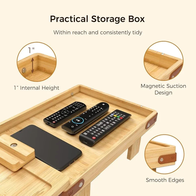 Black Sofa Armrest Tray with Storage Box – Couch Arm Table with 360° Rotating Top & Phone Stand