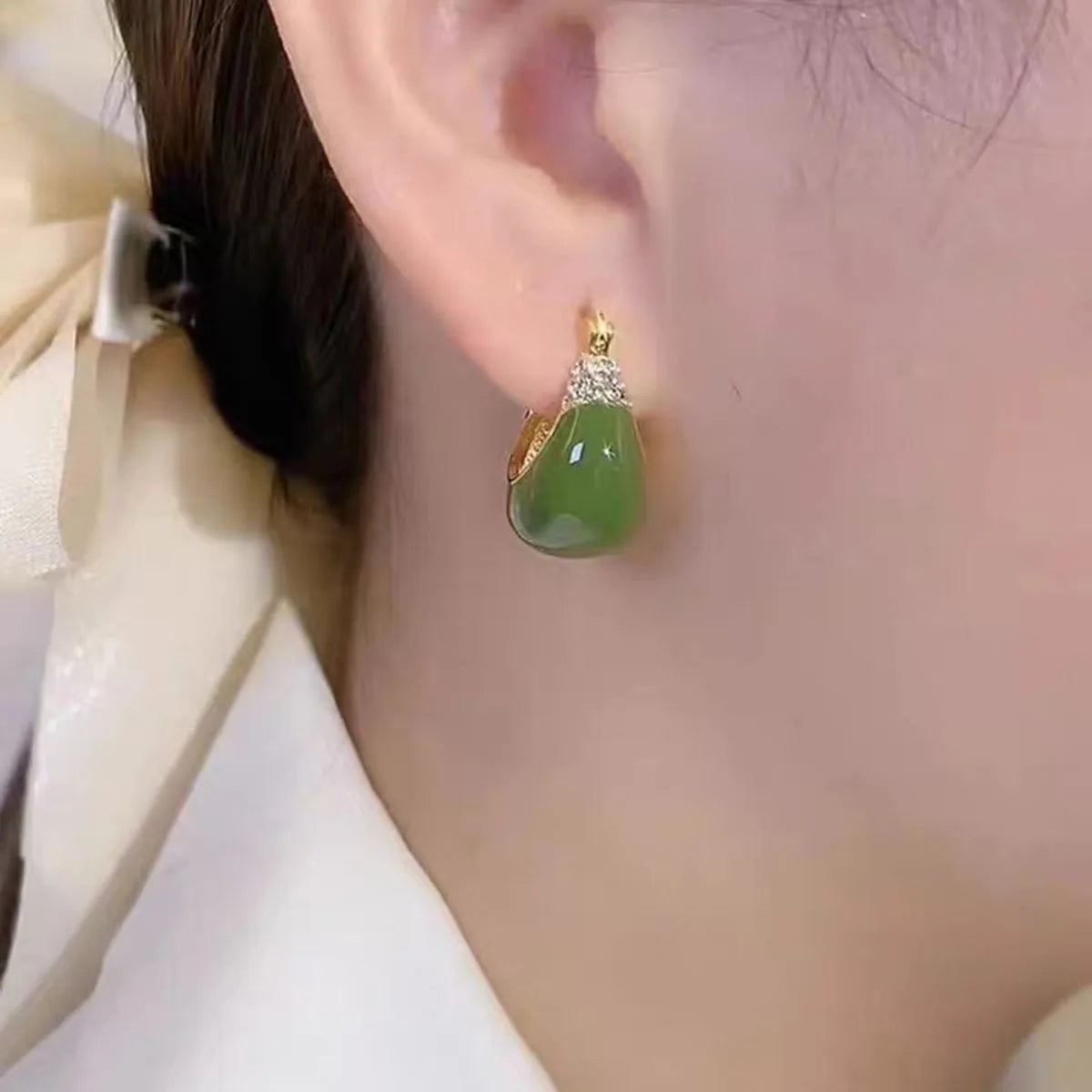 French Retro Drop Earrings – Glazed Semi-Circular Zircon Inlaid Luxury Earrings for Women, Perfect Party Jewelry
