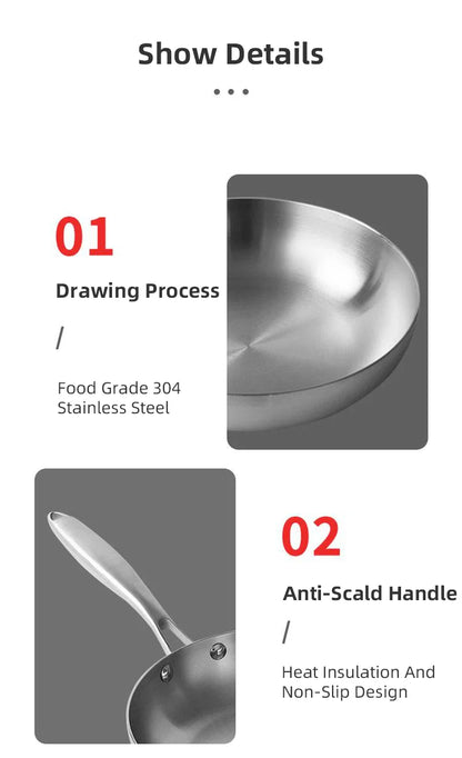 24CM Professional Grade Frying Pan - 304 Stainless Steel, 2MM Thick 5-Ply Steel Skillet & Cooking Pot