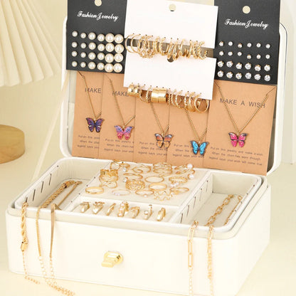 104-Piece Fashion Jewelry Set - Metal Pearl & Zircon Butterfly Earrings, Necklace, Bracelet and Rings for Women