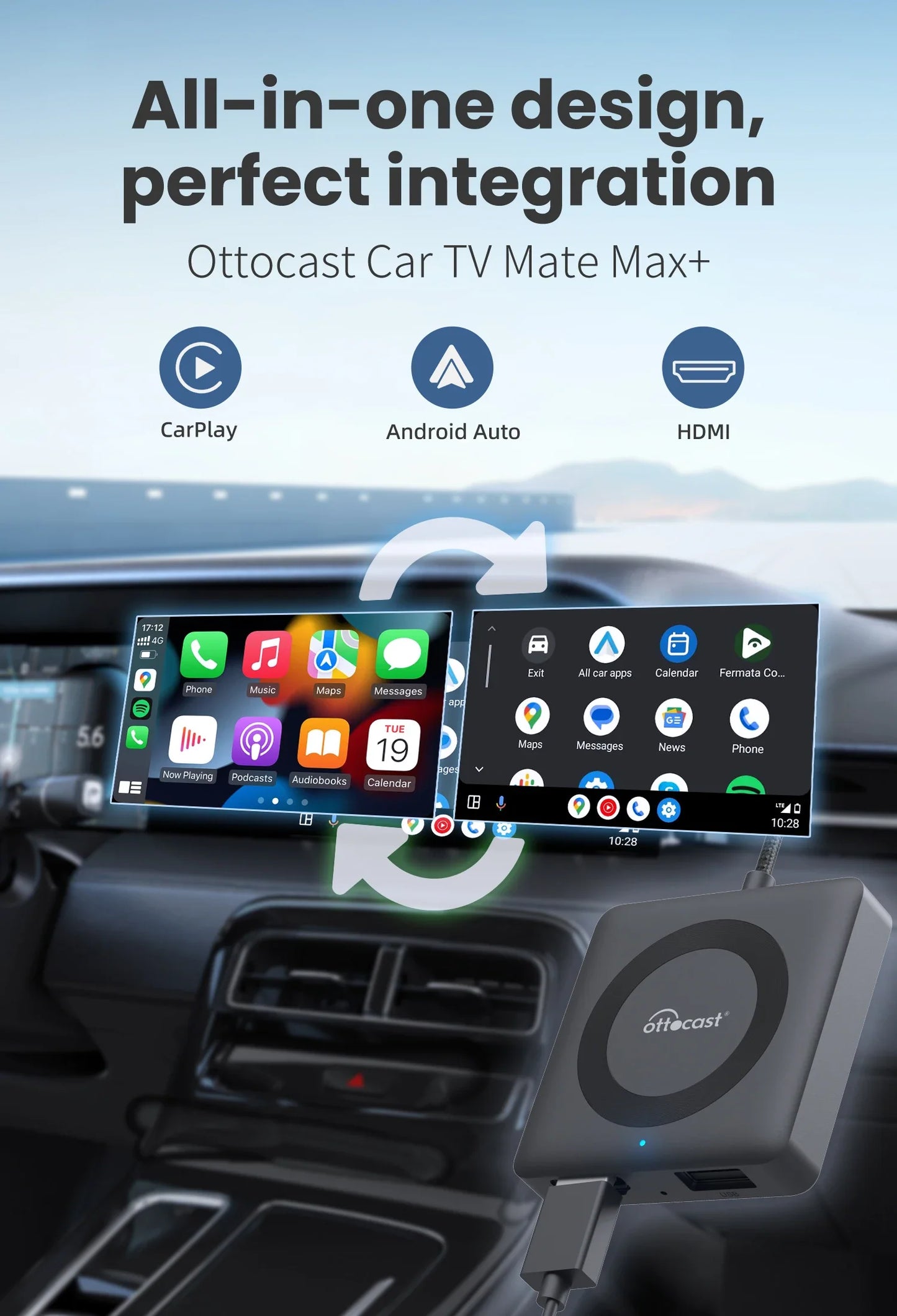 OTTOCAST Car TV Mate Adapter — Wired to Wireless CarPlay & Android Auto, HDMI Multimedia Video Converter for TV Sticks, Game Box, Phone