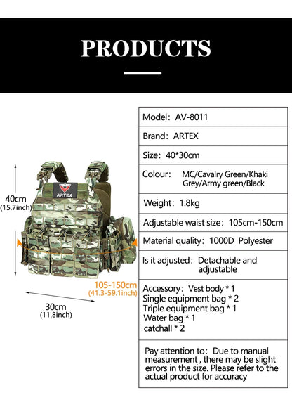 ARTEX Tactical Vest – 1000D Nylon, Quick Release, 6094K with Triple Magazine Pouch for Hunting & Airsoft Combat
