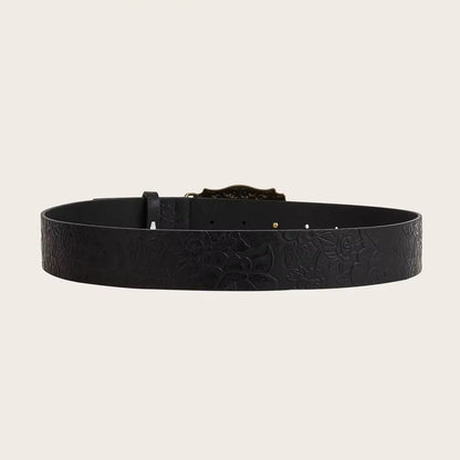 Neutral Horse Head Buckle PU Belt – Fashionable Peony Pattern Design