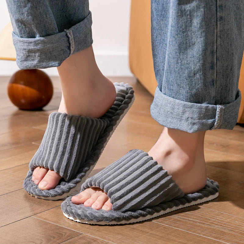 Men’s Open-Toe Breathable Anti-Slip Indoor Slippers – Silent Autumn & Winter Home Shoes for Couples