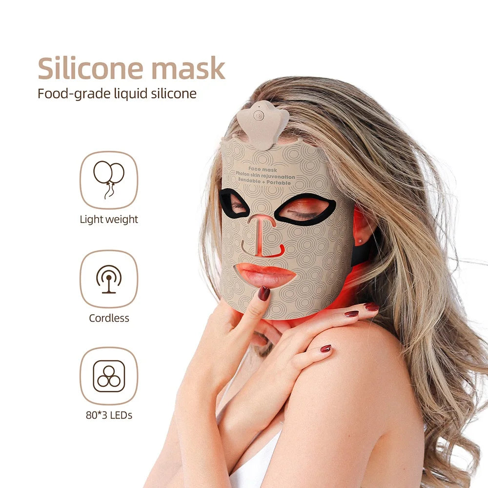 7-Color Photon Silicone LED Face Mask — 3D Facial Beauty Device with Red Light Therapy for Skin Repair & Brightening, Wireless Use