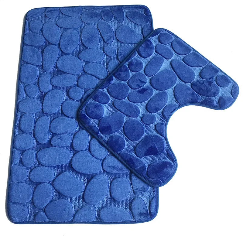 2PC Set Funnel Cobblestone Anti-Slip Bathroom Mat - Toilet Rug, New Bath Mat Set