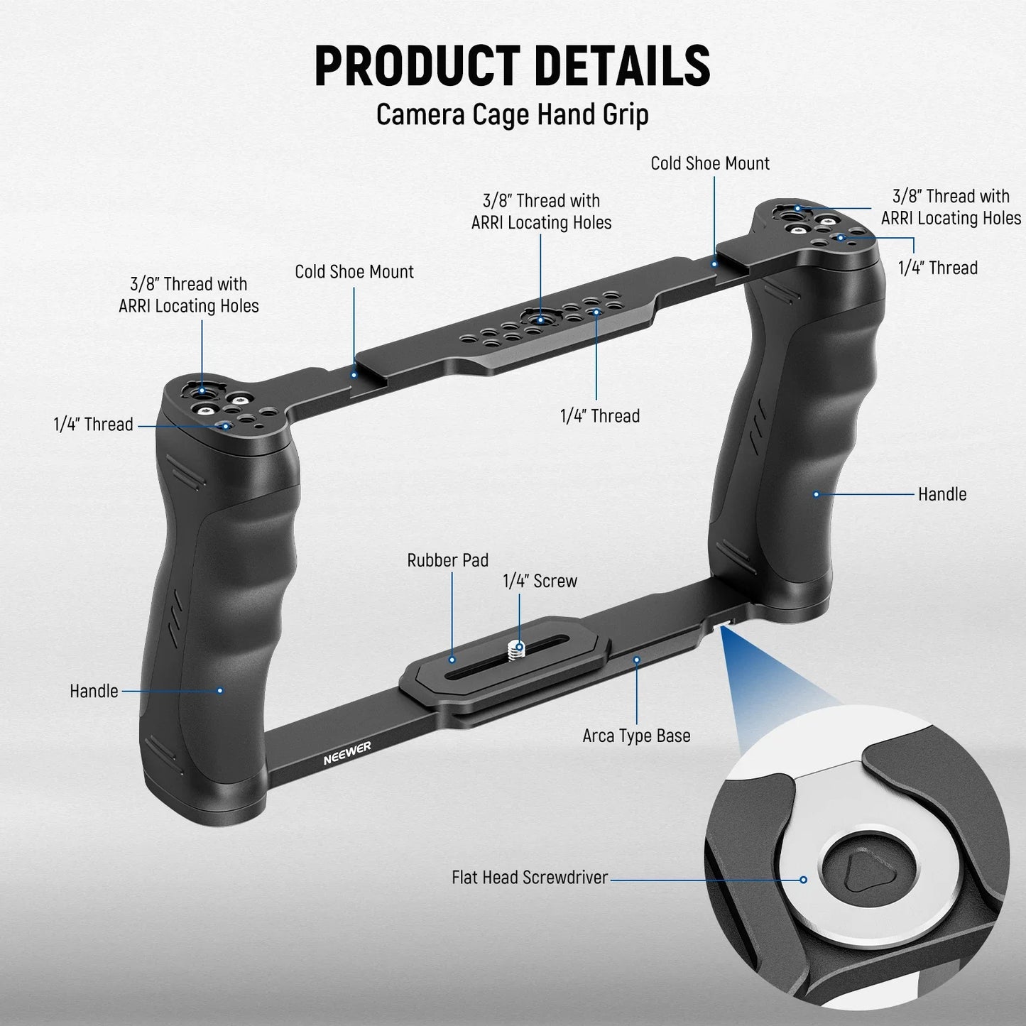 NEEWER Universal Camera Cage with Top Handle – 3/8” ARRI Locating Video Rig Stabilizer with Arca-Type Base for DSLR & Mirrorless Cameras