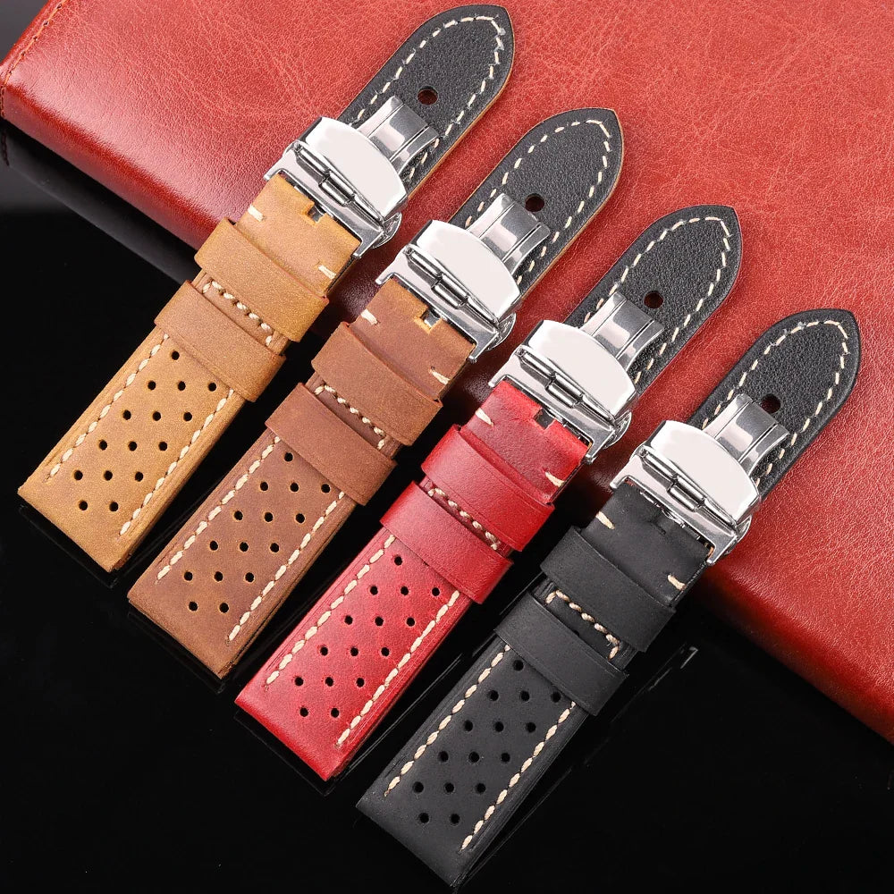 Genuine Leather Watch Band 20mm 22mm 24mm — Vintage Cowhide Strap with Deployment Clasp for Samsung Galaxy Watch 3/4