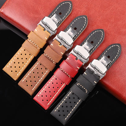Genuine Leather Watch Band 20mm 22mm 24mm — Vintage Cowhide Strap with Deployment Clasp for Samsung Galaxy Watch 3/4