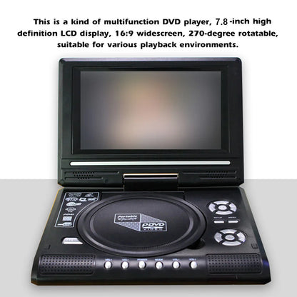 7.8" Portable TV DVD Player – 16:9 Widescreen, 270° Swivel LCD, VCD/CD/MP3, Game Function for Car & Home