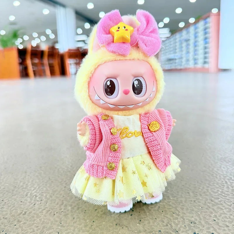 17cm Labubu Doll Clothes — Macaron Outfit Set with Hair Accessories | Cute DIY Gift for Kids