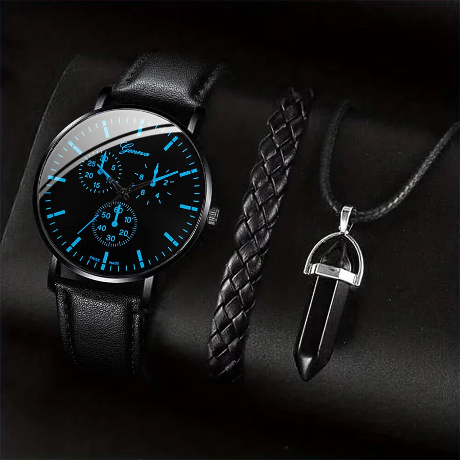 Men’s 3PCS Watch Set – Quartz Analog Business Watch with Leather Band, Necklace & Bracelet Gift Set