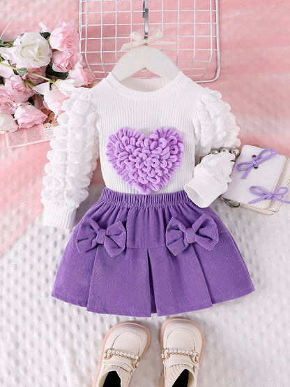 Girls' 2-Piece Love Badge Outfit Set - Bubble Sleeve Top & Short Skirt for Ages 1-3
