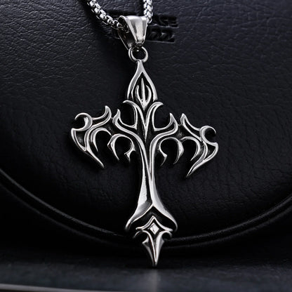 Stainless Steel Flame Cross Pendant Necklace – Retro Titanium Steel Men’s Jewelry