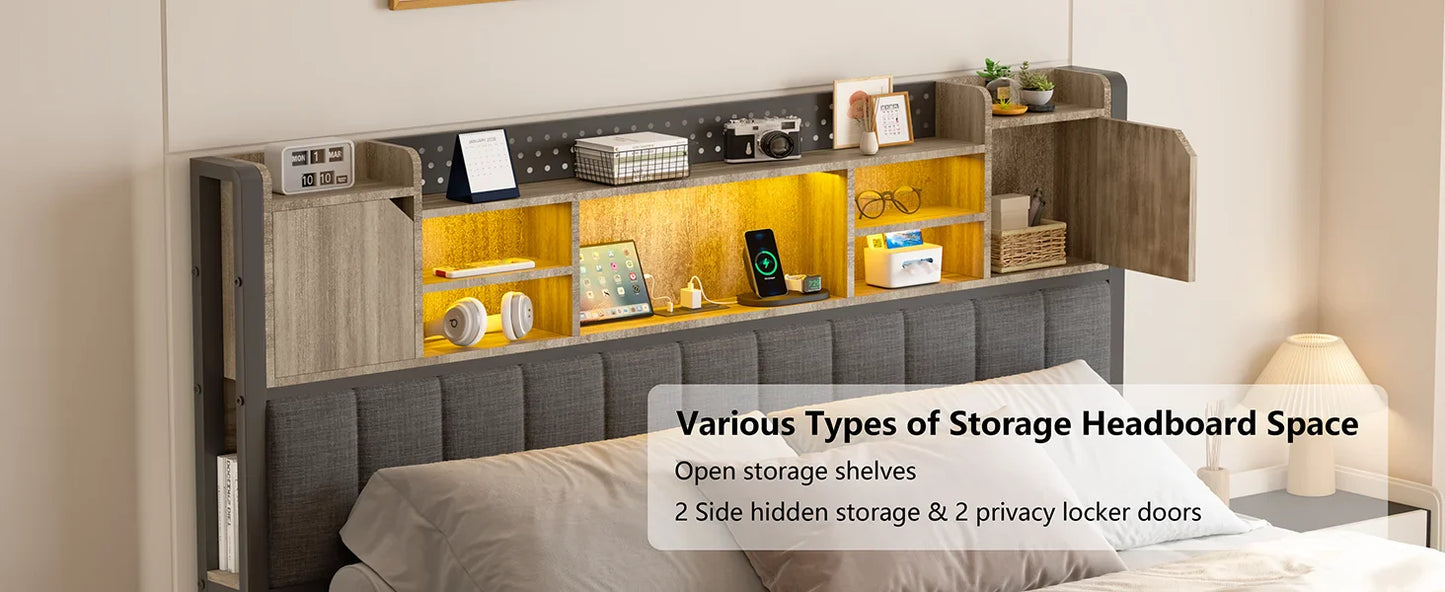 Queen Bed Frame with 4 Storage Drawers – Upholstered LED Bed with Bookcase Headboard, Type-C & USB Charging Station