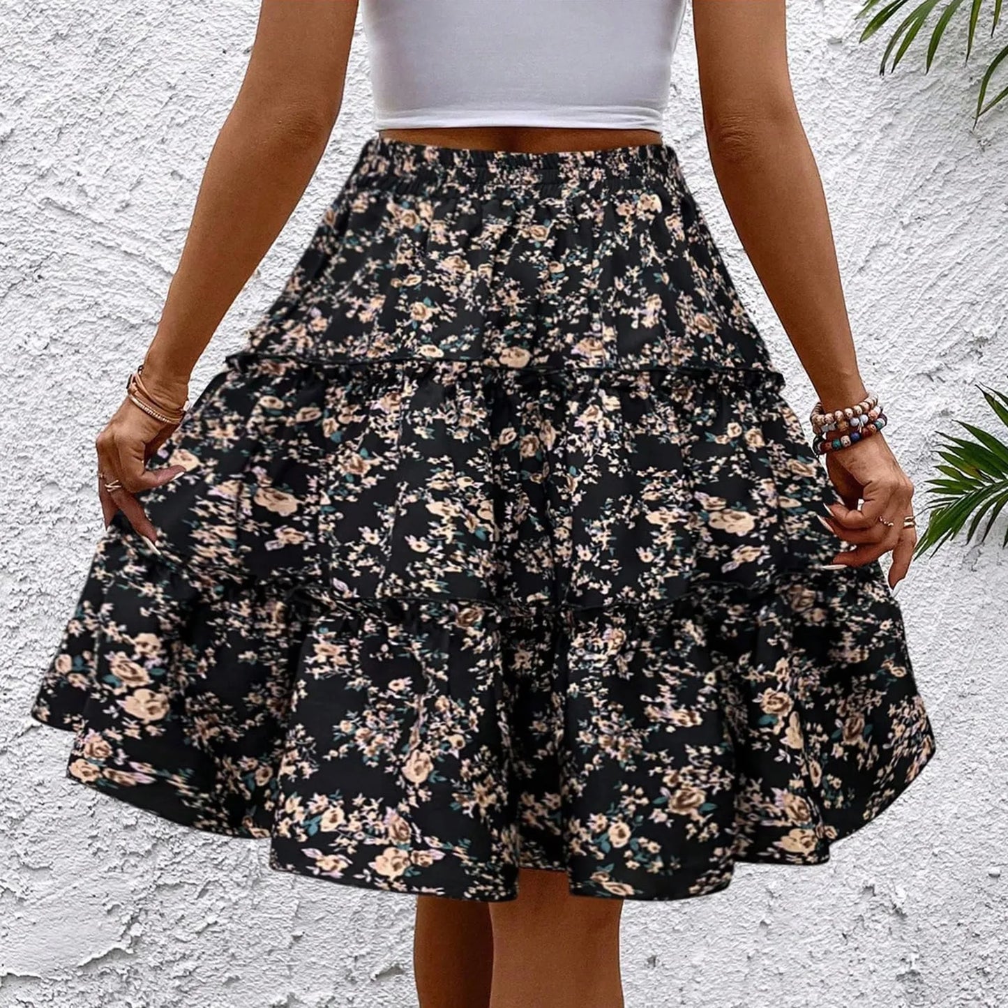 Women’s Floral Spliced Cake Skirt – Knee-Length Casual Skirt with Elastic Waist Strap, Comfortable Versatile Fashionable Design
