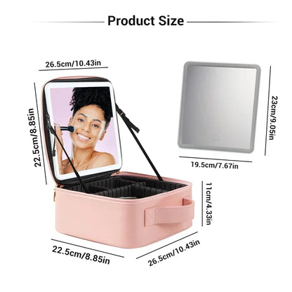 LED Lighted Cosmetic Case with Mirror - PU Leather Portable Travel Makeup Bag - Waterproof Makeup Storage